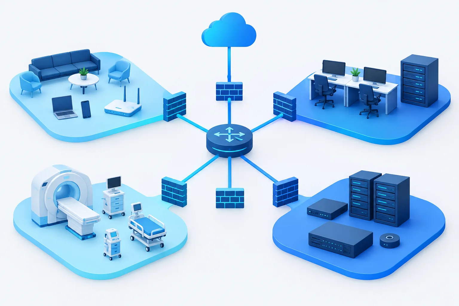 Abstract illustration of separate guest, staff, medical device, and network management zones.