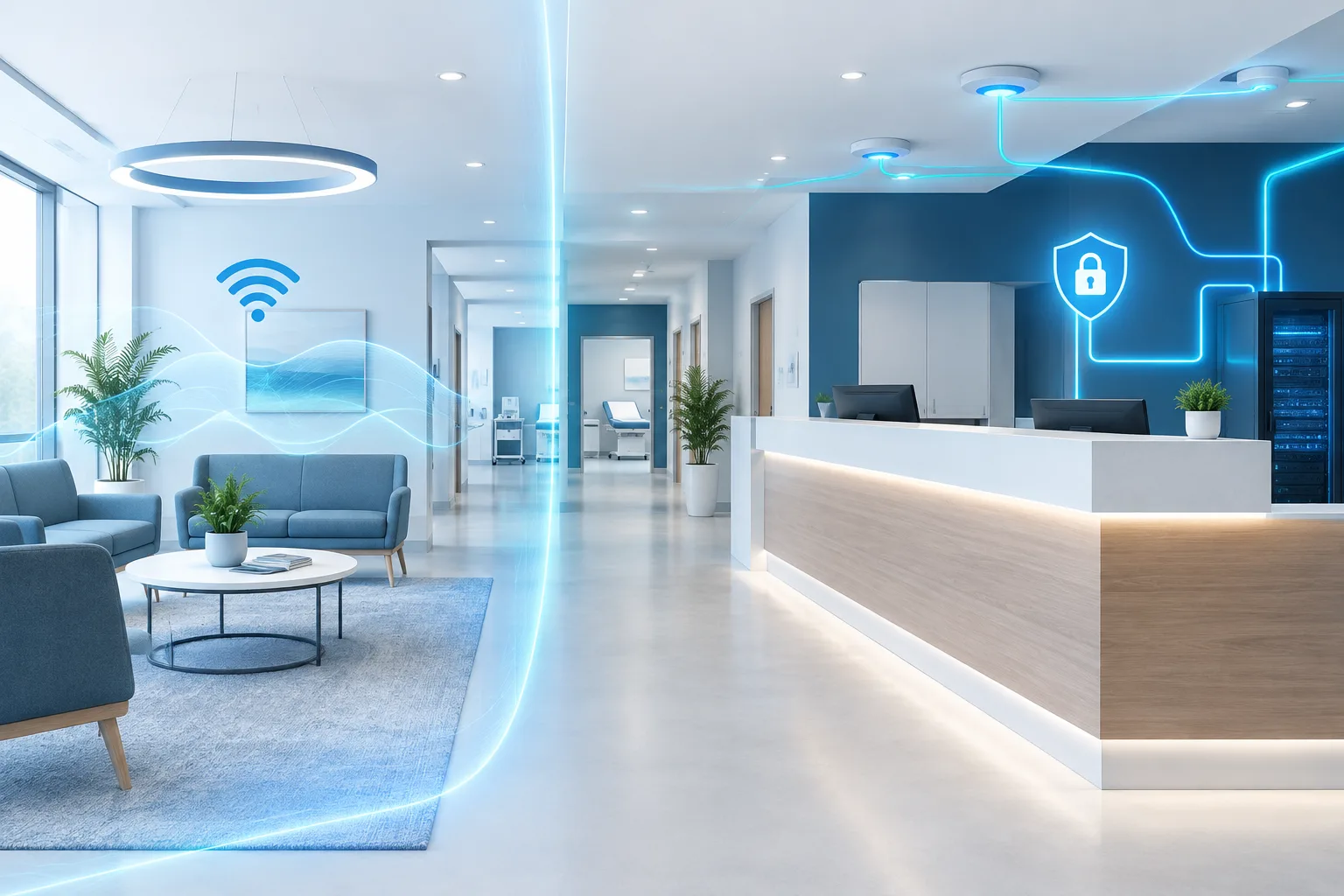 Unoccupied clinic reception area with abstract paths representing separated guest and clinical networks.