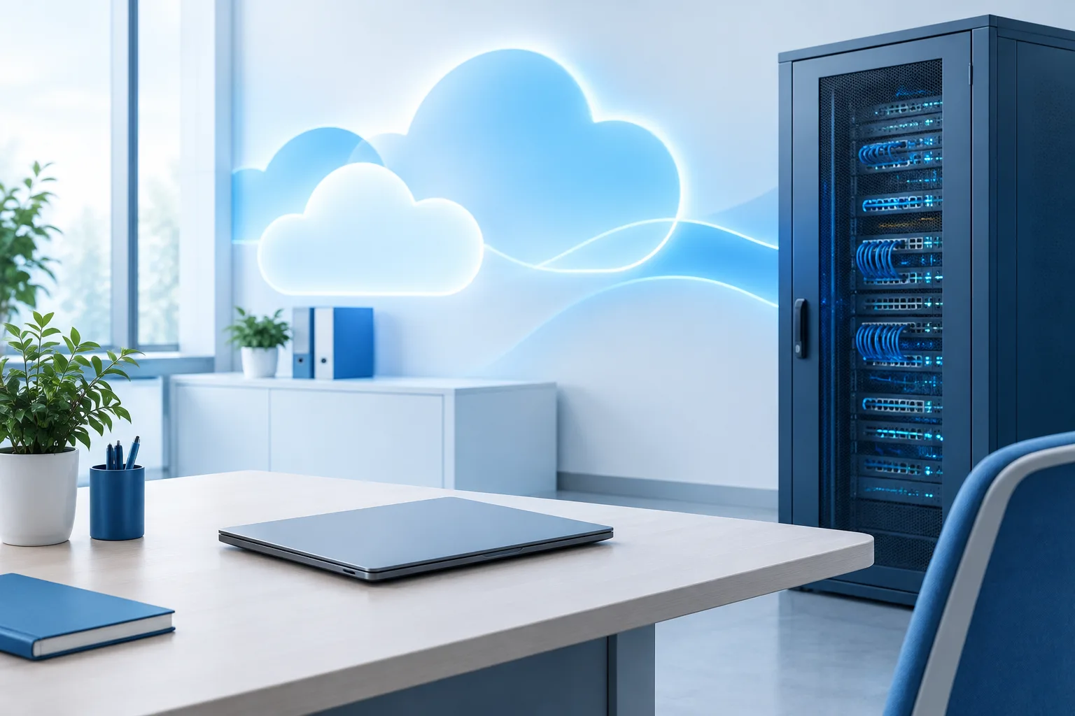 A closed laptop and network cabinet in a healthcare IT workspace.