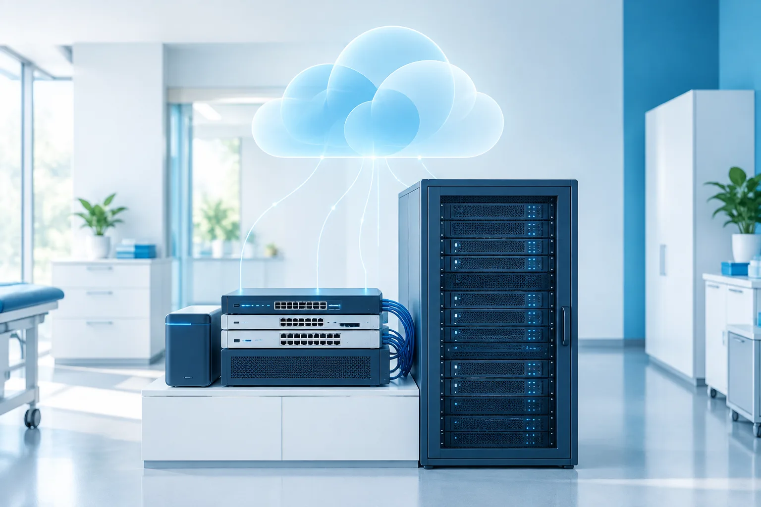 Clinic network equipment beneath an abstract cloud shape.