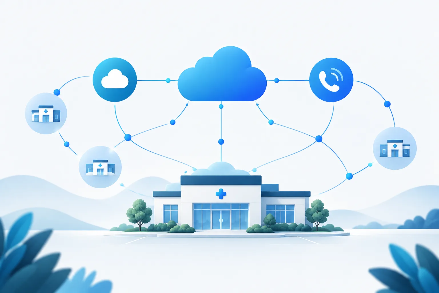 Abstract illustration of a clinic connected to a network