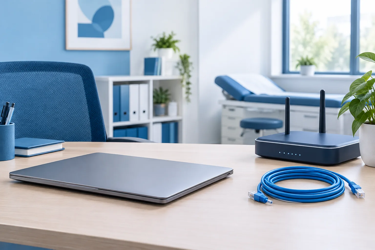 Clinic office desk with network equipment and a closed laptop